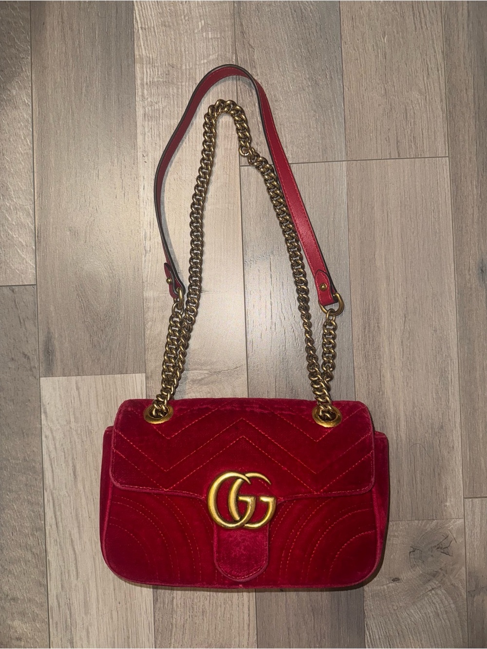 Gucci “GG Marmont” small, Red Velvet, Flap Shoulder Bag